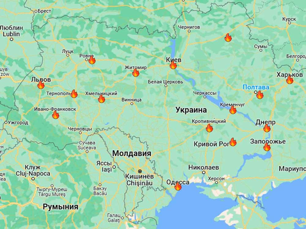 Пораженные инфраструктурные объекты на старой карте Украины.