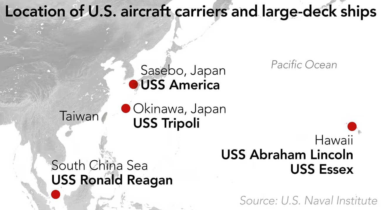 США перемещают самолеты и авианосцы ближе к Тайваню в связи с возможностью визита на остров Пелоси, пишет Nikkei Asia и публикует схему с американскими кораблями в регионе