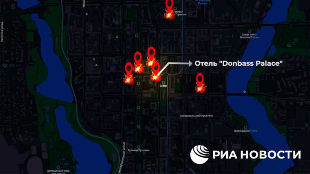 Карта ударов по Донецку 4 августа