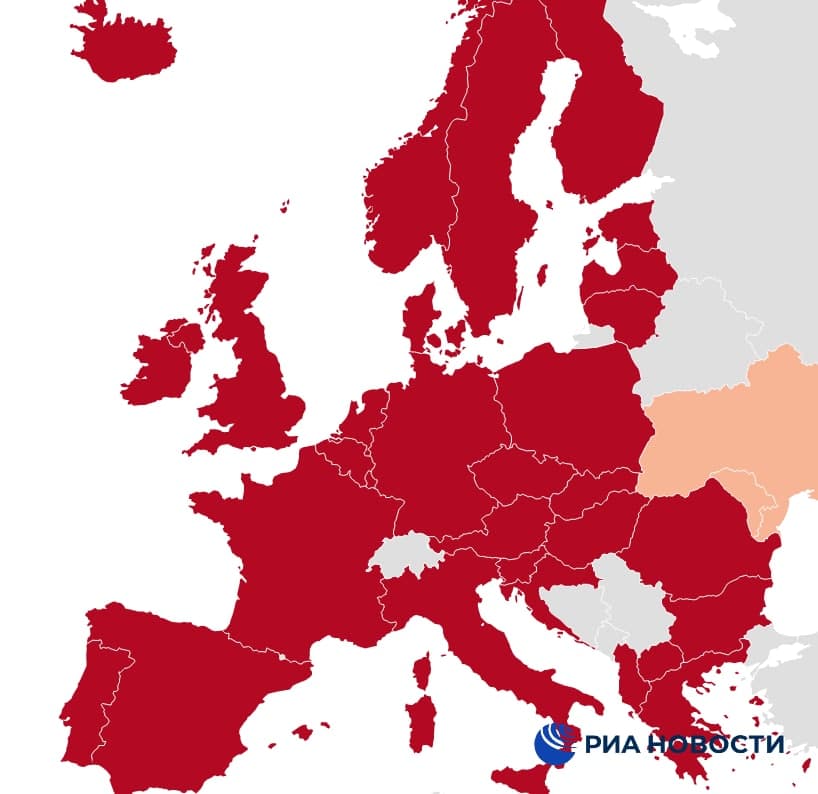 Карта закрытия европейского неба для российских авиакомпаний после решения Евросоюза